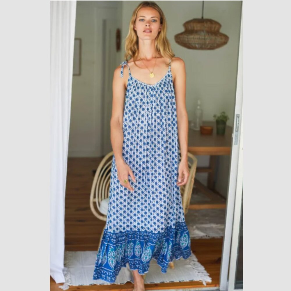 Emerson‎ Fry India Sundress Organic Cotton Blue Flowers Tie Shoulders Size XS/S